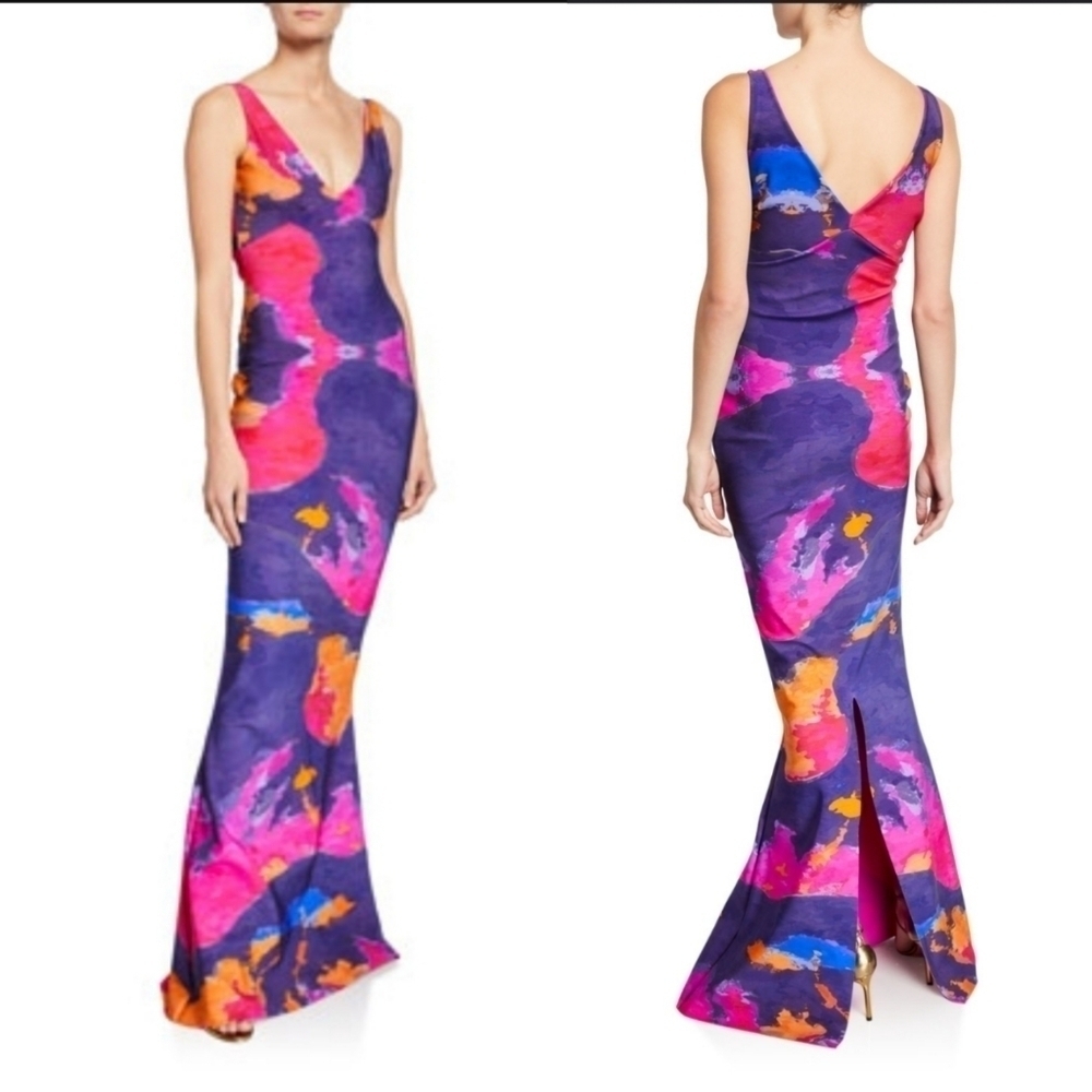 Chiara Boni Purple Floral-Print V-Neck Mermaid Gown with Pink & Orange Accents